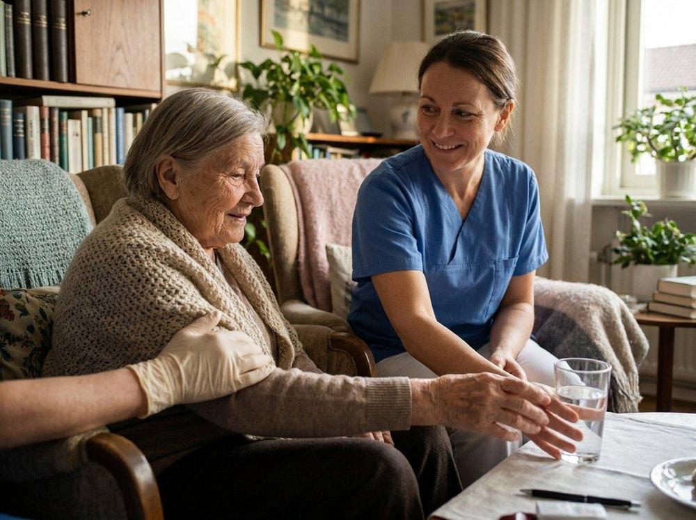 A home health aide helping an elderly woman at home