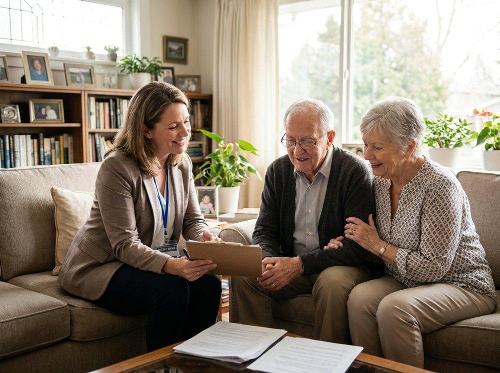 A medical social worker meeting with an elderly couple at home