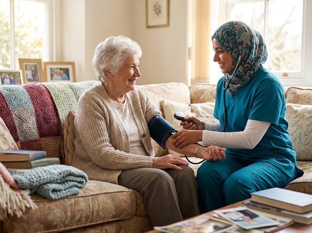 A home-health nurse checking an elderly patient at home
