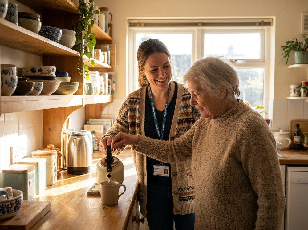 An occupational therapist helping an elderly woman with a daily task