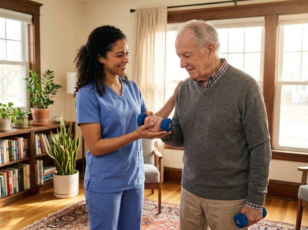 A physical therapist helping an elderly man with exercises at home