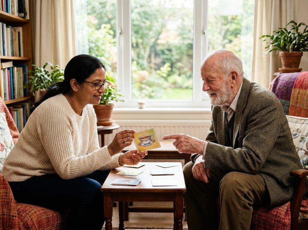 A speech therapist working with an elderly man at home